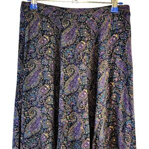 Vintage 90s Paisley Midi Skirt Women 10 Black Blue A-line Formal 28 Medium Fall